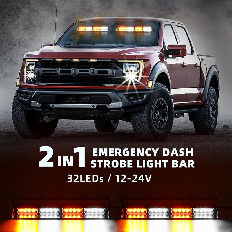 PKINGLAKE 2 in 1 LED Emergency Dash Strobe Light Bar Front/Rear Windshield Safety Flashing Warning Hazard Interior Lights for Police Firefighter Construction Vehicles Trucks (2x14 inch, Amber/White) - Image 2